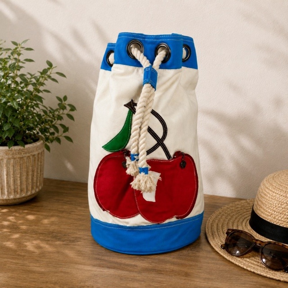 Luella for Target Cherry Canvas Bucket Bag Y2K Rope Drawstring Beach Tote